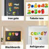 A set of magnetic alphabet and number learning tools including an iron gate, tabula rasa, blackboards, and a refrigerator