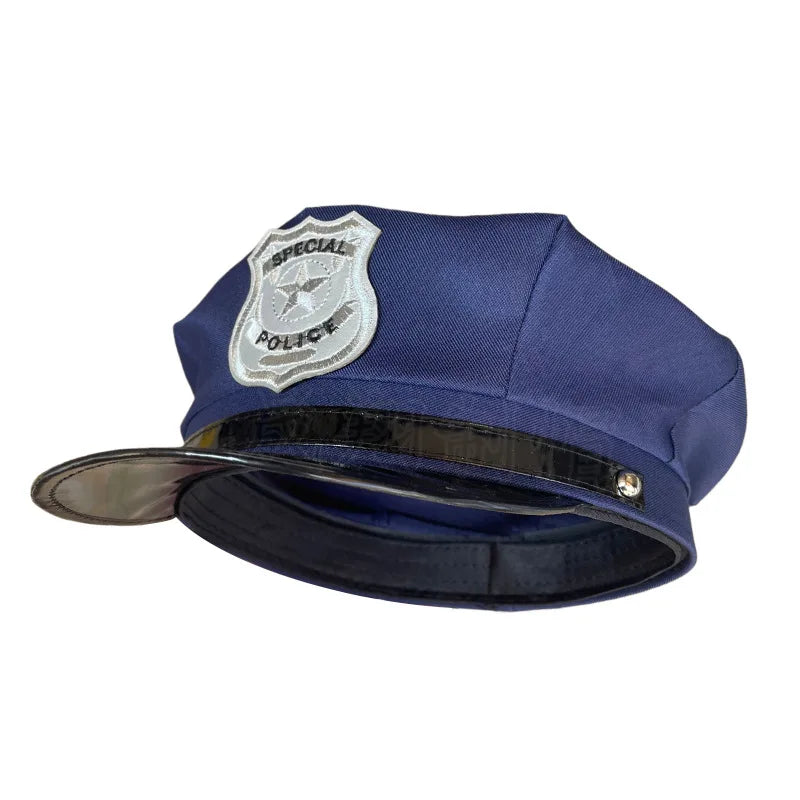 A dark blue police officer costume hat with a silver badge emblem on the front.