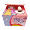 A pink and purple interactive coin bank box featuring animal designs like a pig and a unicorn.