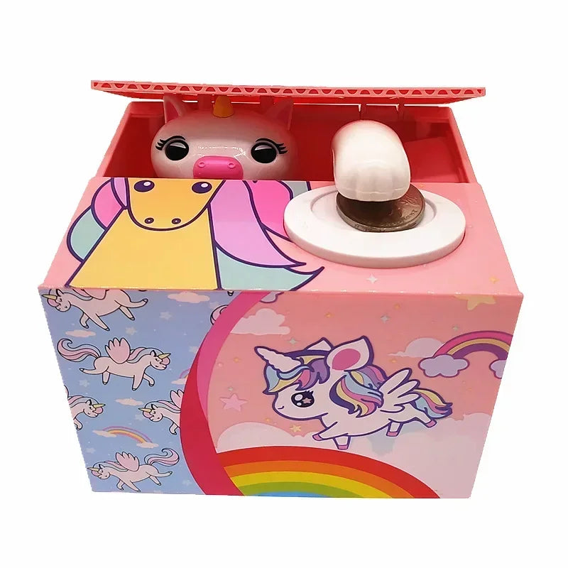 A pink and purple interactive coin bank box featuring animal designs like a pig and a unicorn.