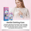 A woman is spraying an anti-static fabric spray onto a garment, with the product bottle and packaging visible.