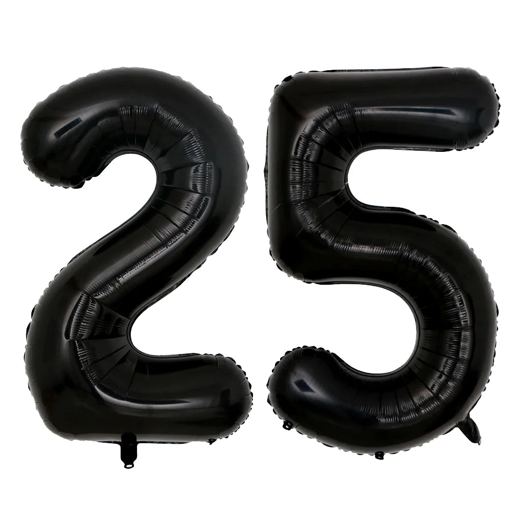 A set of two black foil balloons shaped like the number 25.
