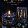 A dark tarot candle labeled High Priestess with crystal stones and a matching tarot card.