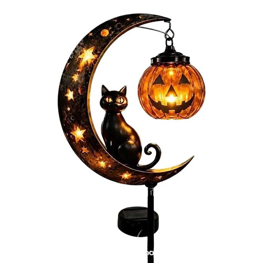 Halloween stake light featuring a black cat silhouette and pumpkin face on a crescent moon design