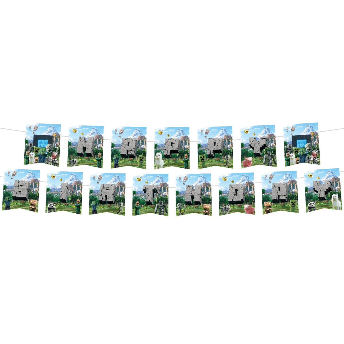 A banner featuring pixel art scenes of Minecraft characters and landscapes for a birthday party.