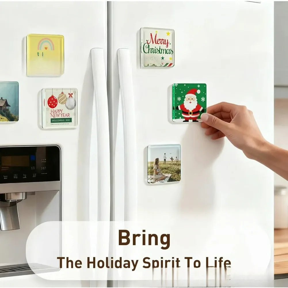 A hand places a Christmas-themed acrylic fridge magnet onto a white refrigerator door decorated with various holiday magnets.
