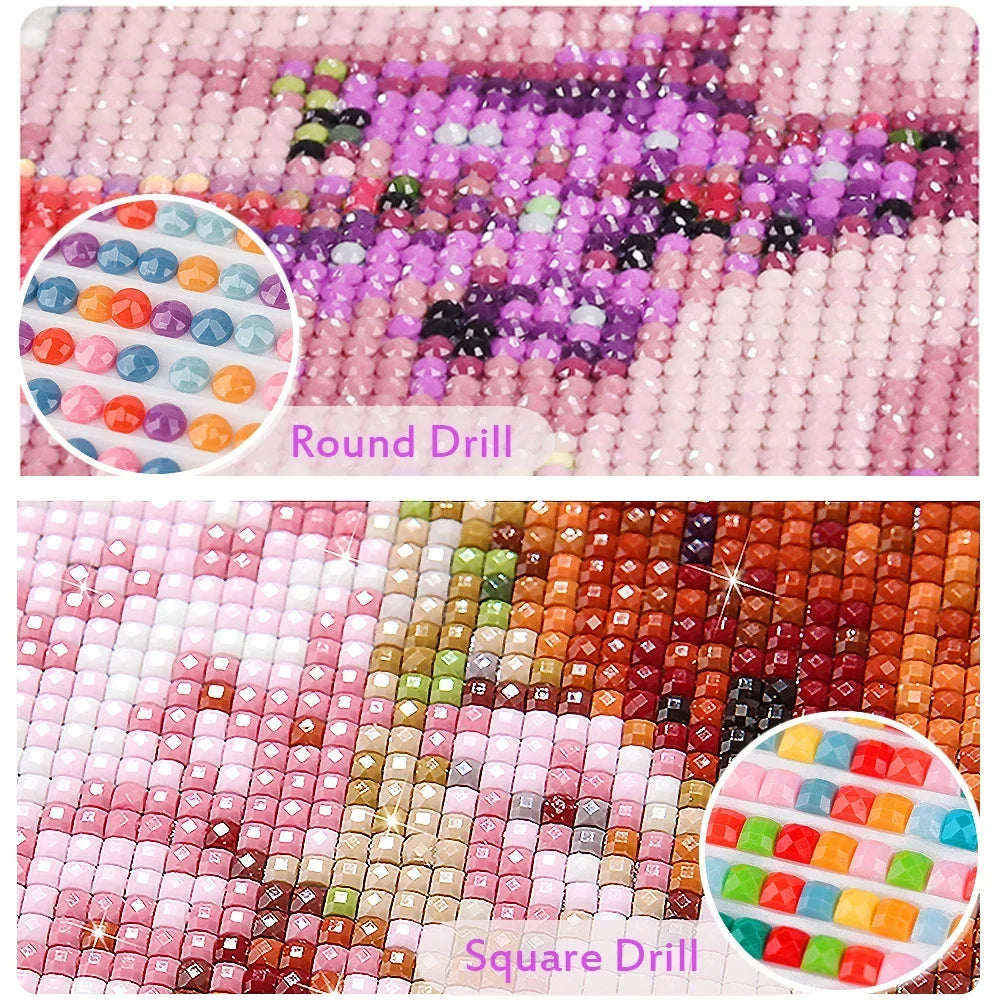 Diamond painting kit showing pink and purple mosaic patterns with round and square drills