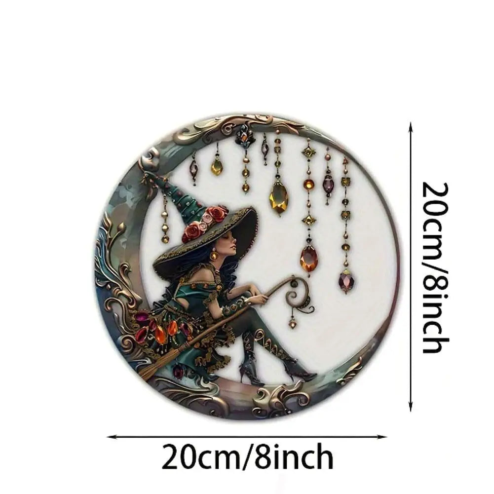 Moonlight witch stained glass window decor featuring a figure in a witch hat and dark clothing