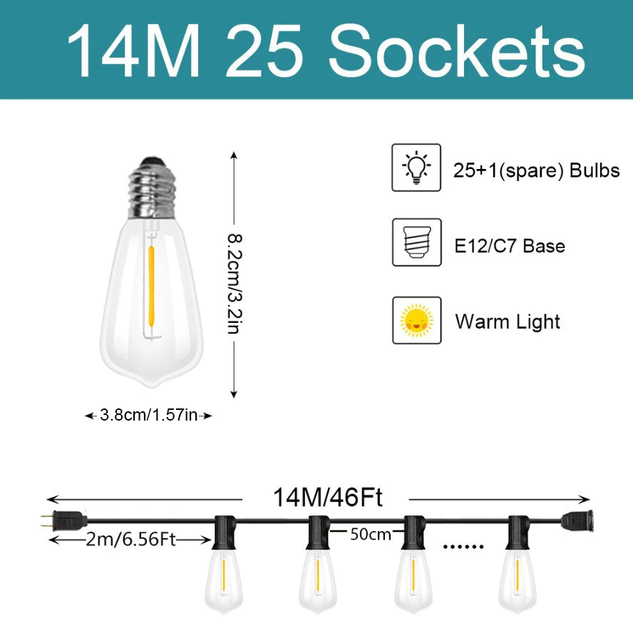 A string of 14M LED lights with 25 sockets and E12/C7 bases, designed for outdoor decoration.