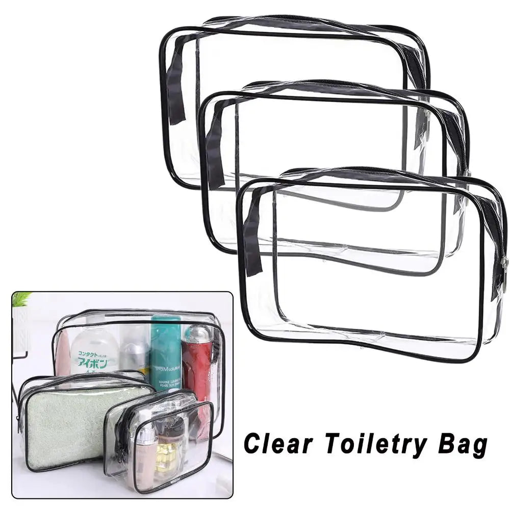 A set of clear waterproof toiletry bags with black trim and zipper visible on a white background.