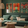 Three canvas prints featuring vibrant red and green wildflower landscapes displayed on a dark green wall above a sofa.