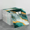 Rolls of faux marble 3D self-adhesive wall tiles featuring a teal and gold marbled pattern.