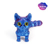 A blue-purple 3D printed cat figurine with an articulated tail.