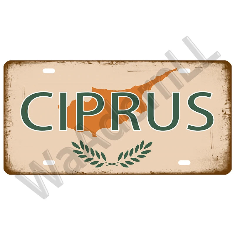 A vintage metal tin sign featuring the word CIPRUS and a silhouette of the island, set against a rustic background.
