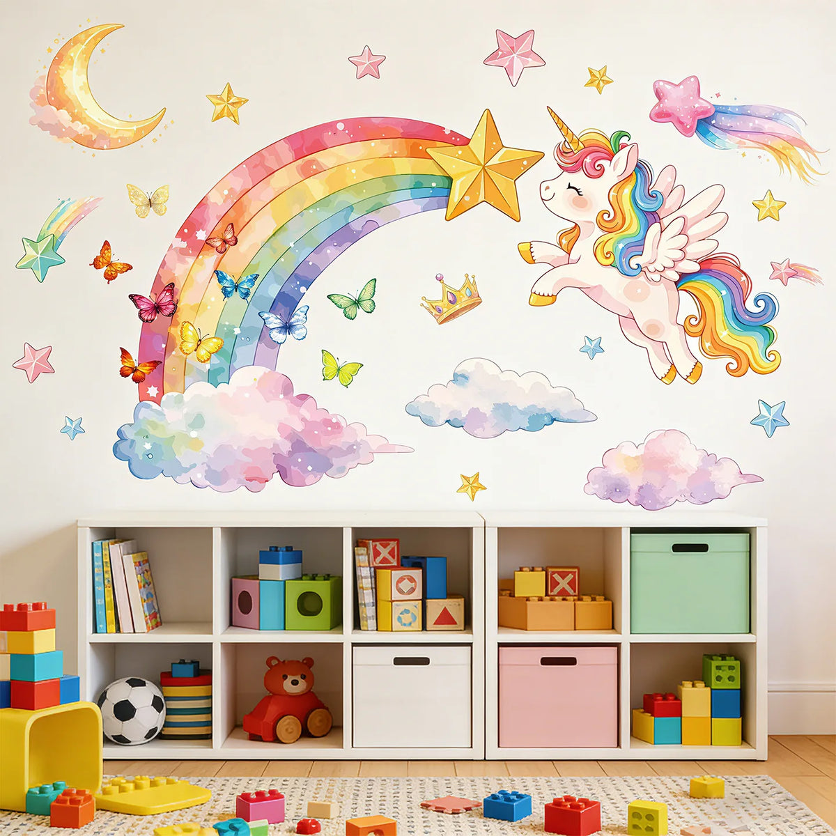 Magical unicorn and rainbow wall decals featuring a unicorn and a colorful rainbow on a white wall.