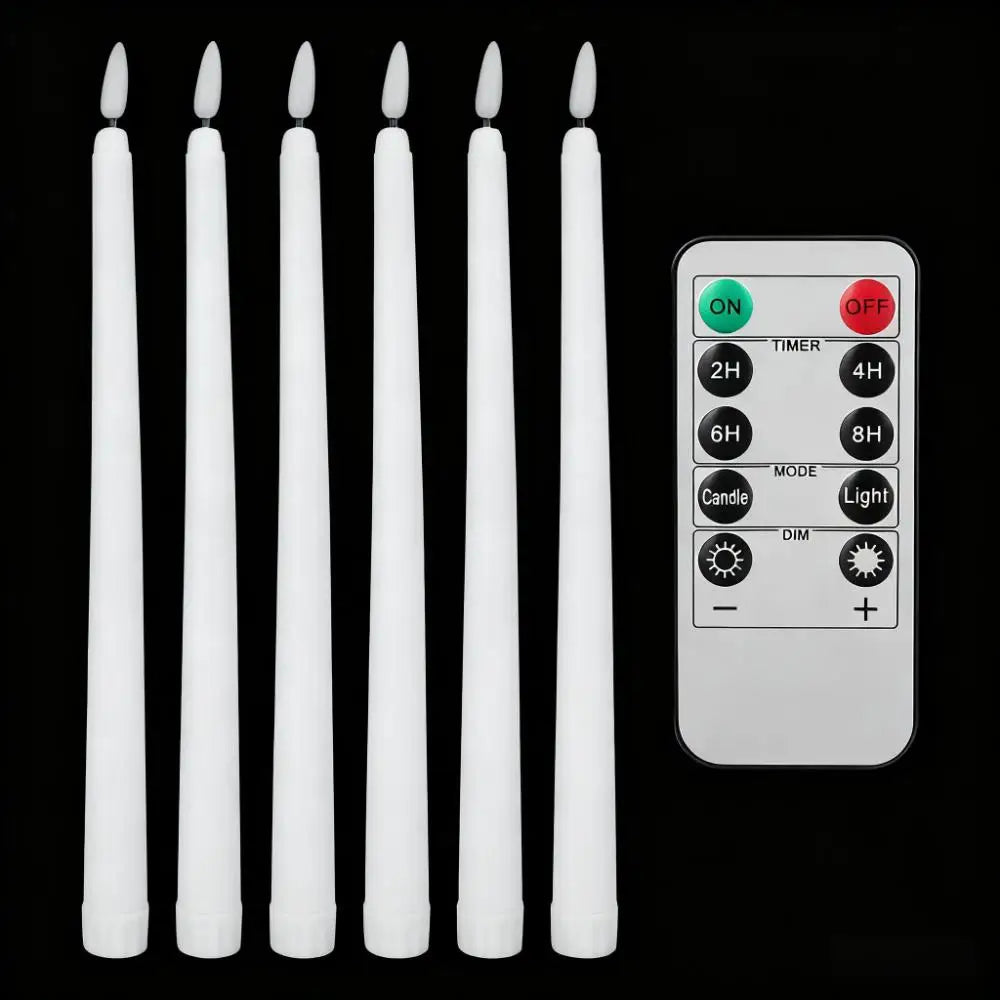 A set of six white taper candles and a remote control with on/off switches and dim controls.