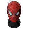 A realistic red and black Spider-Man mask with white eye lenses and a black flowing hairpiece.