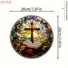 2D flat stained glass art featuring a cross and doves within a circular design.