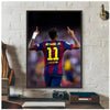 A framed poster of Neymar Jr in a football kit standing on a dark background.