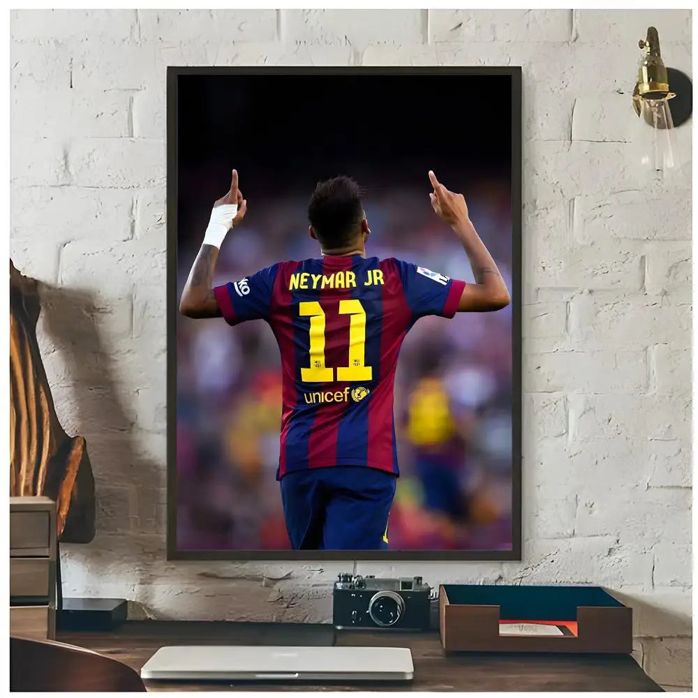 A framed poster of Neymar Jr in a football kit standing on a dark background.