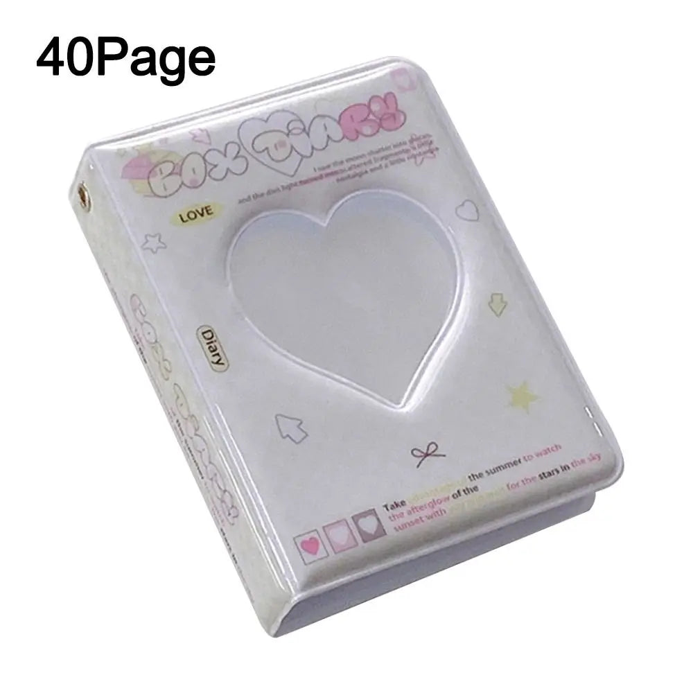 A white box containing a 40Page photo album for instant cameras with decorative elements.