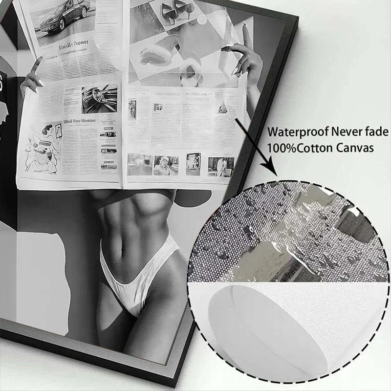 Black and white high heels art print displayed on a canvas, showing detail and texture.