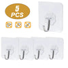 Five pieces of heavy duty self-adhesive wall hooks in white and silver finish.