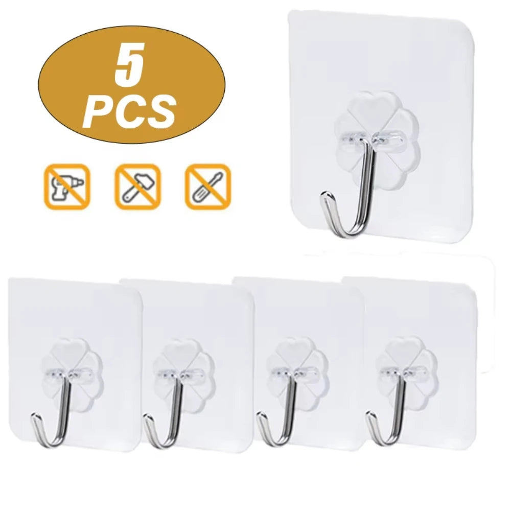 Five pieces of heavy duty self-adhesive wall hooks in white and silver finish.