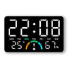 A digital alarm clock display showing the time 22:08, temperature 25°C, and humidity 67%.