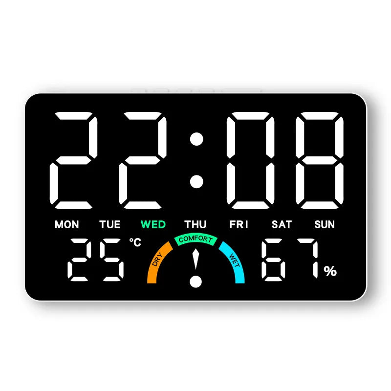 A digital alarm clock display showing the time 22:08, temperature 25°C, and humidity 67%.