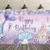 A pink and purple mermaid tail birthday backdrop featuring a large tail, seashells, and a castle illustration.