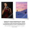 A photo featuring a woman taking a picture, alongside a landscape sunset print.