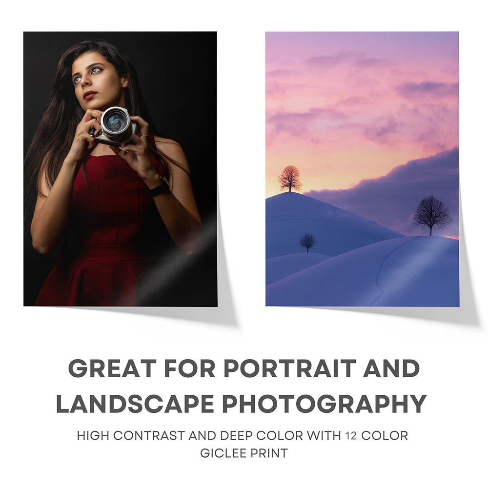 A photo featuring a woman taking a picture, alongside a landscape sunset print.