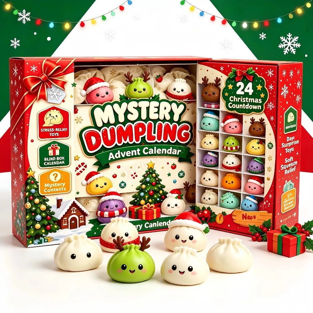 A box of a Christmas Squishy Advent Calendar featuring 24 adorable festive egg-shaped toys.