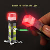 A hand is pressing a button on a pixel art flashlight, causing the light to turn on.
