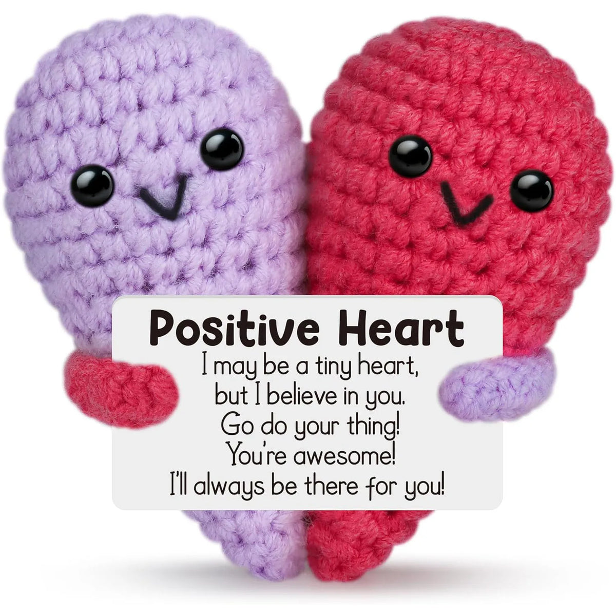 Handmade crochet positive heart ornament featuring purple and red textured fabric.