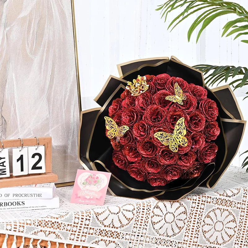 A bouquet of deep red glitter roses arranged in a black decorative bowl for DIY decor.