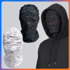 Black and white mesh balaclava face masks shown in various forms including a headpiece and a hoodie.