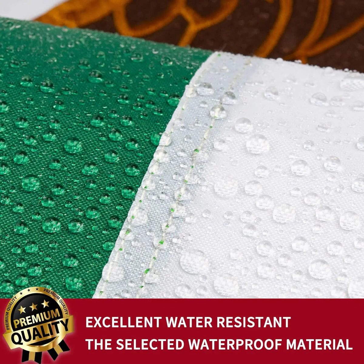 Close-up of a green and white embroidered flag tapestry banner showing water resistant material.