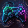 A dark gaming controller glowing with neon blue and pink light against a digital background.