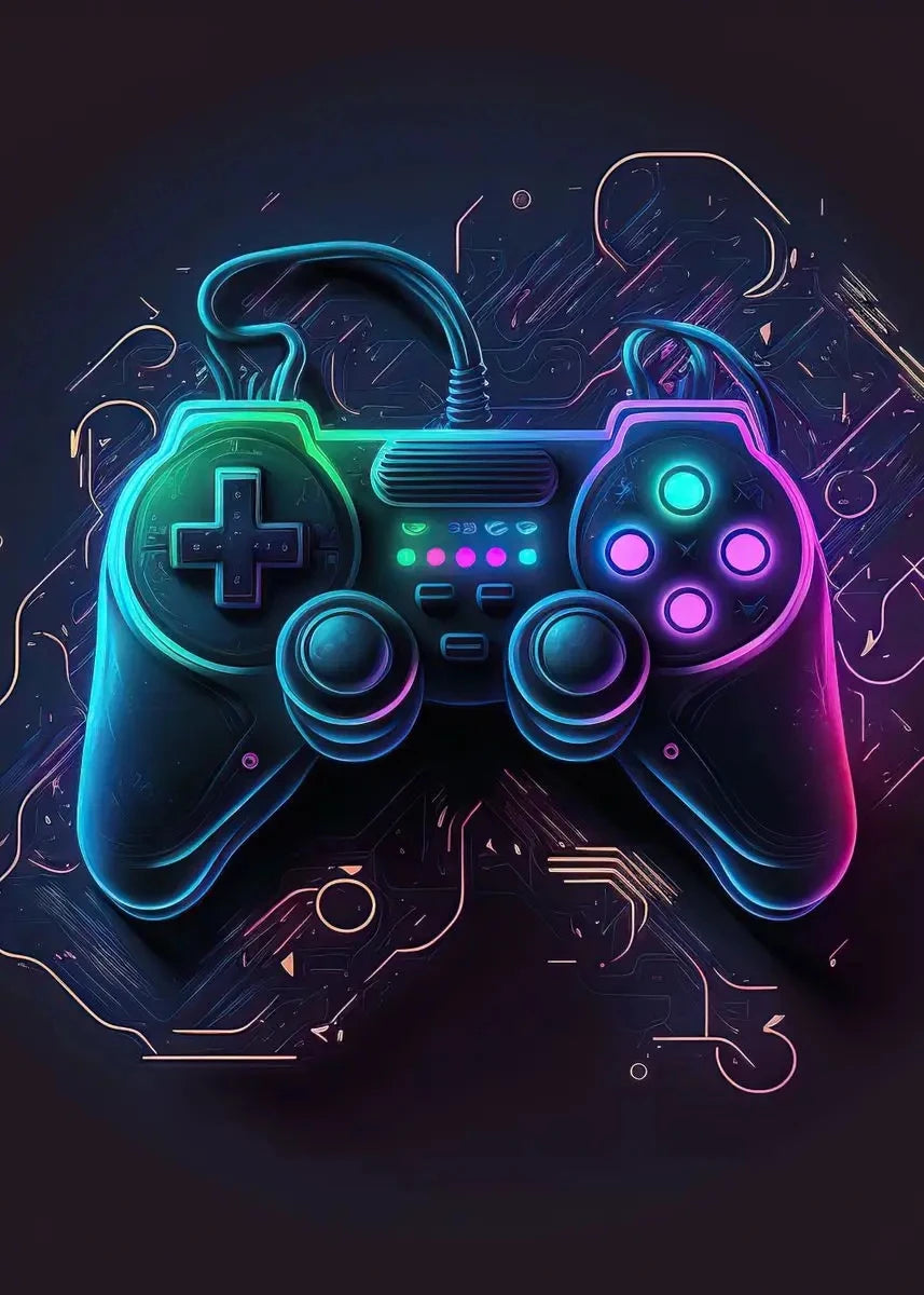 A dark gaming controller glowing with neon blue and pink light against a digital background.