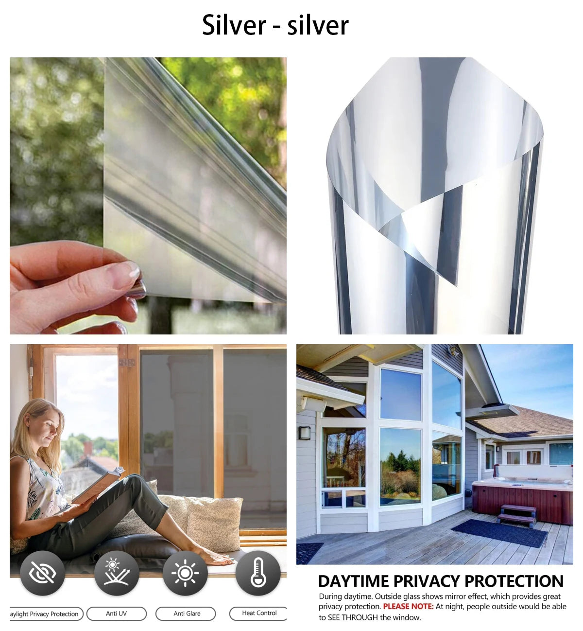 Silver privacy window film applied to glass, demonstrating sunlight reduction and privacy protection.