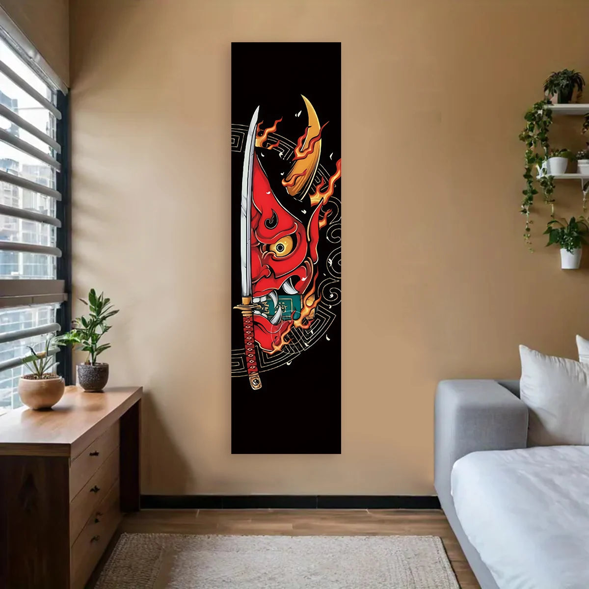 Vertical wall art featuring a Japanese Oni demon samurai sword design in red and black on a dark background