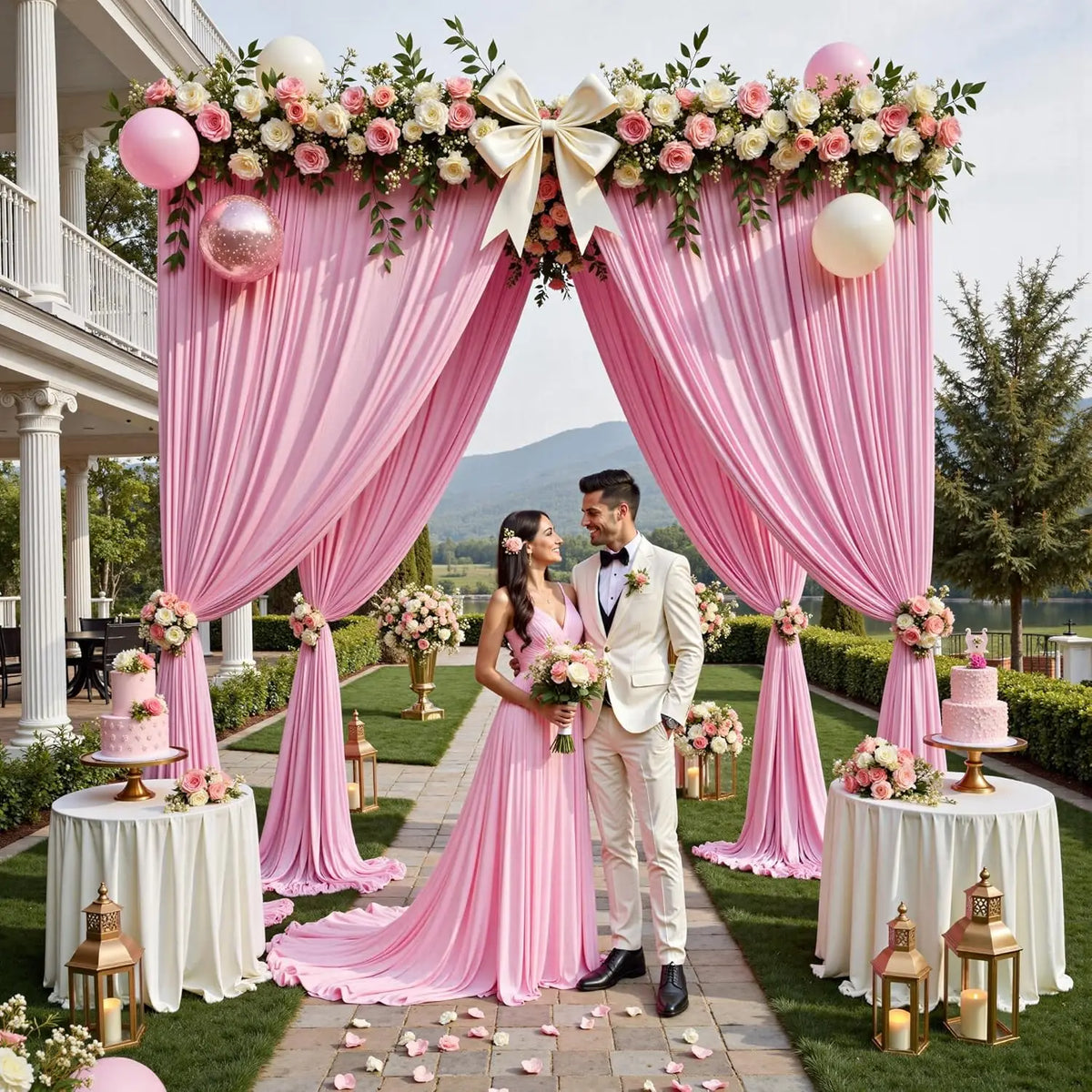 Pink fabric backdrop curtains framing a couple at an outdoor event with floral arrangements and greenery