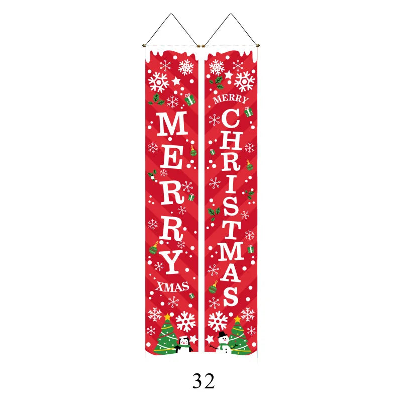 A vertical red Christmas banner with white snowflakes and green accents, featuring the word MERRY CHRISTMAS and a festive Chr