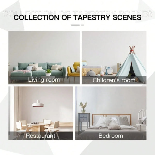 A collection of four tapestry scenes showing living room, children's room, restaurant, and bedroom decor.