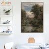 A vintage oil painting depicting a river village scene with lush greenery and a cloudy sky.