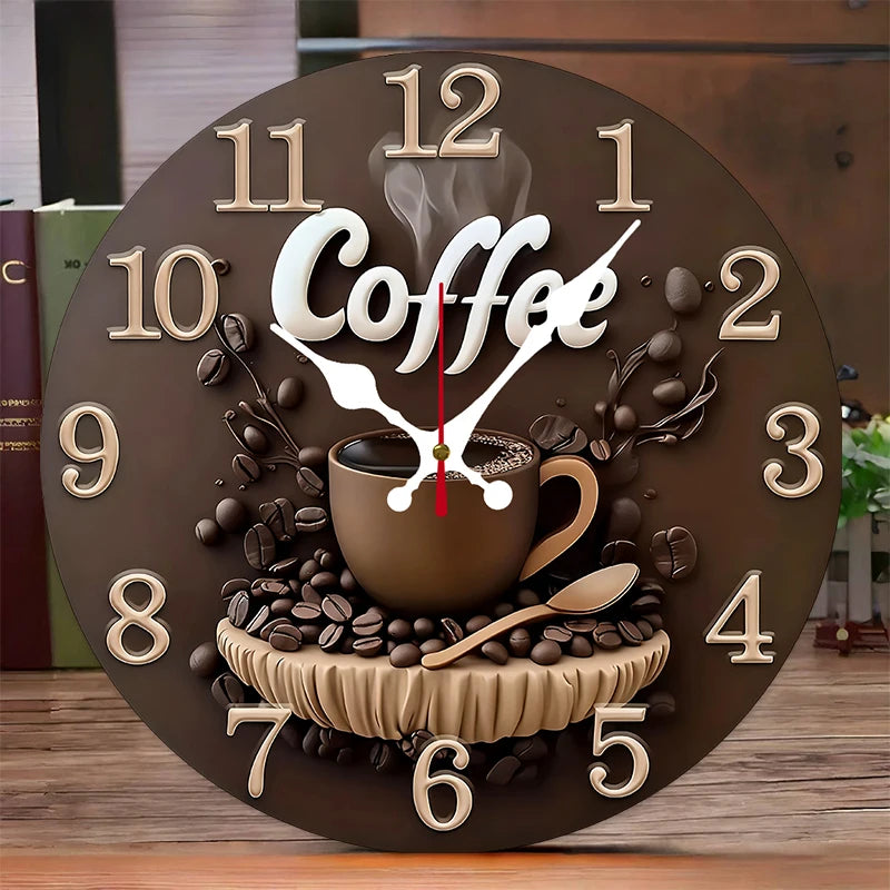 A round wooden wall clock with coffee beans and steam design, showing the time.