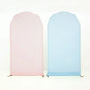 A pair of light pink and light blue stretchable arch backdrop covers displayed against a white background.