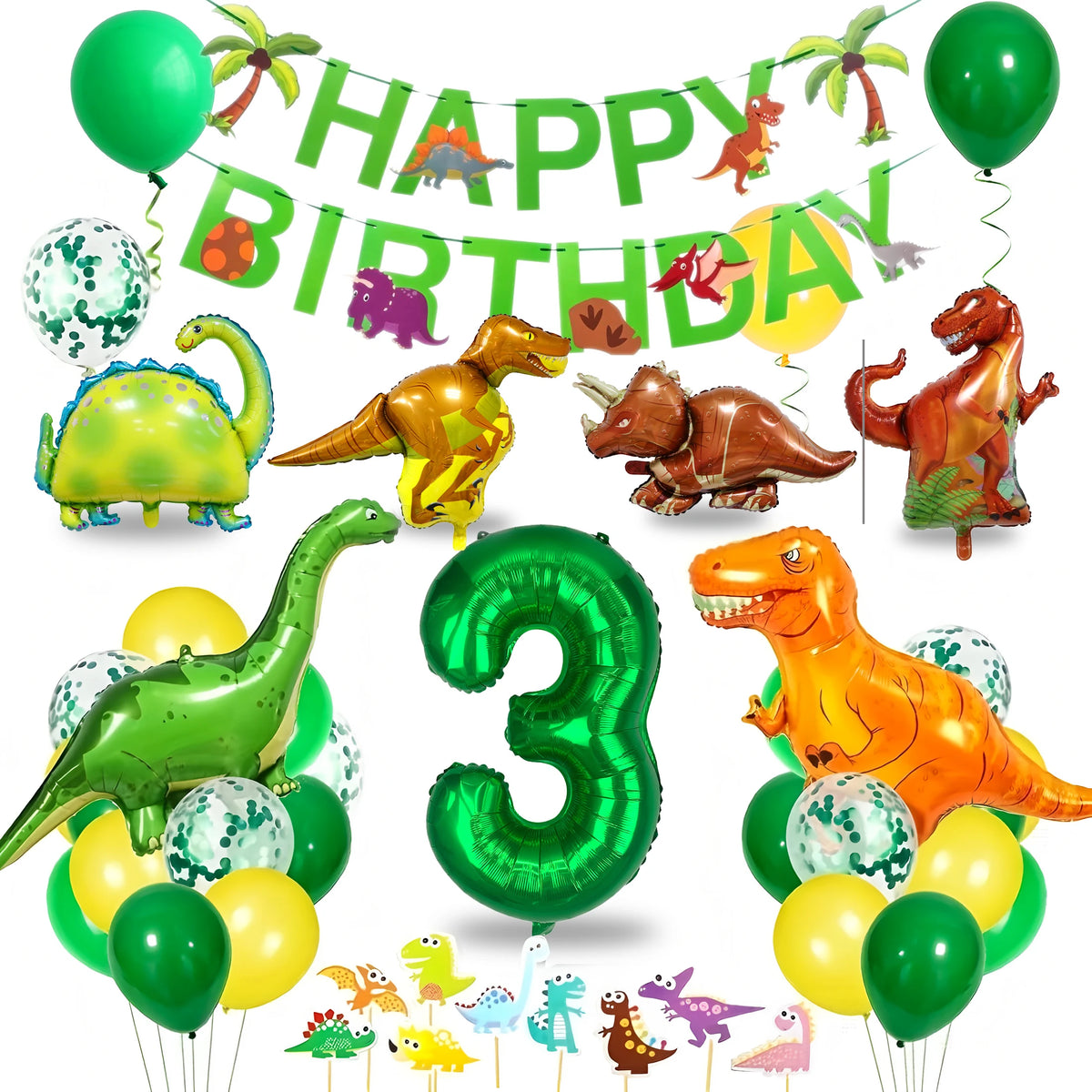 A colorful dinosaur party decoration kit featuring foil balloons, a banner, and a cake topper.